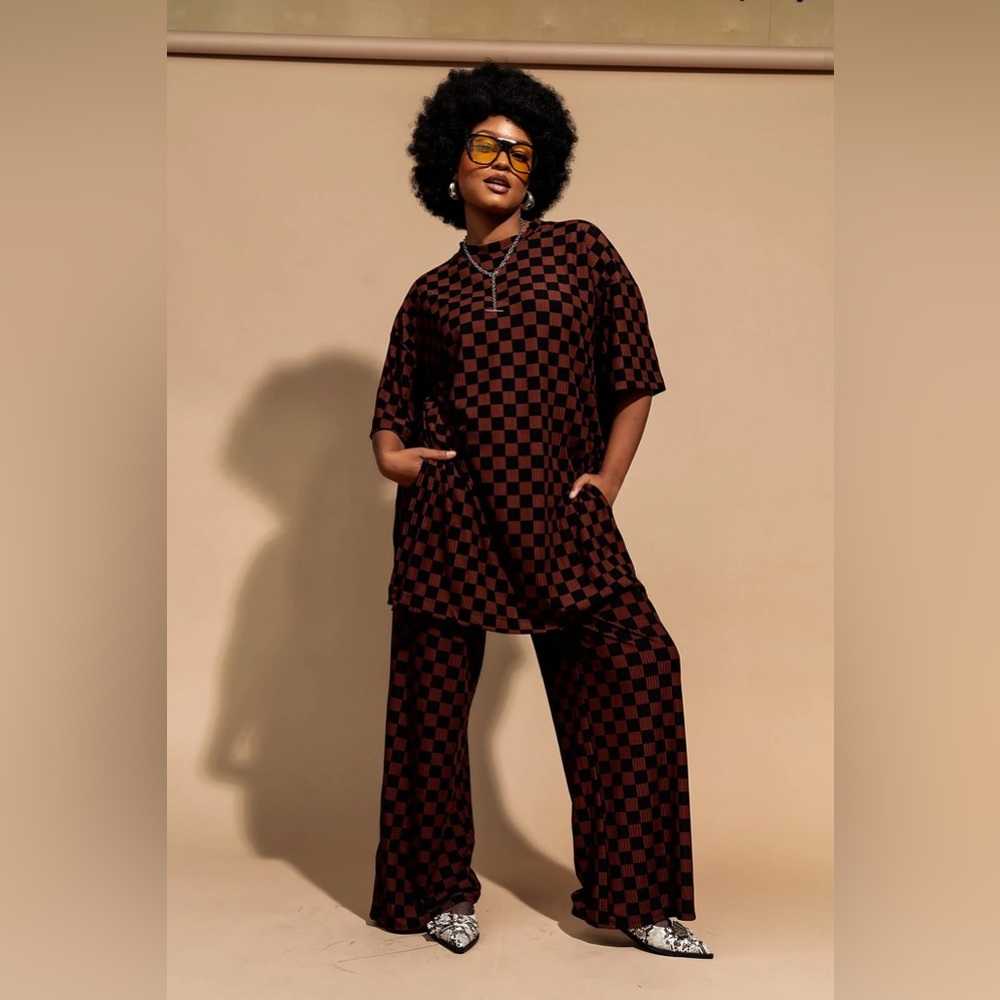 Dresses in LALA Leveled Up Ribbed Playsuit in Black + Mocha Checkerboard